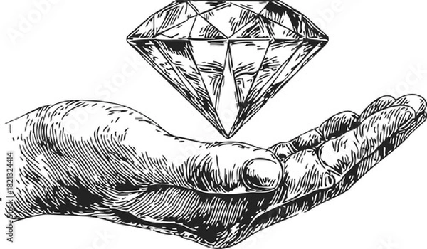 Fototapeta Hand holding diamond sketch, hand drawn style, detailed gemstone above open palm. Vector illustration