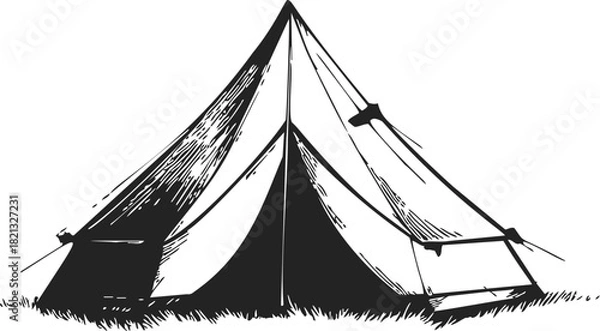 Fototapeta Tent sketch hand drawn classic camping shelter with ropes and grass. Vector illustration