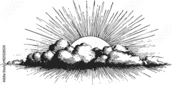 Fototapeta Sunrise with clouds sketch, hand drawn sun rays in vintage style. Vector illustration