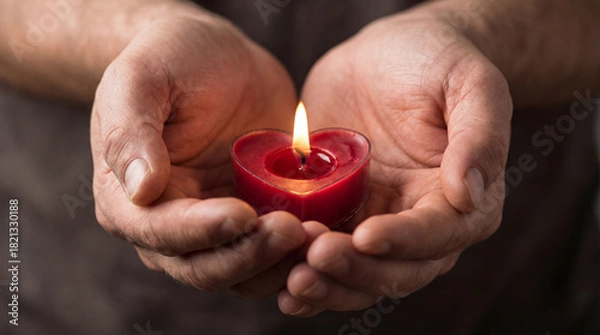Obraz Close-up of caring hands gently holding a heart-shaped candle symbolizing warmth, love, and emotional connection.