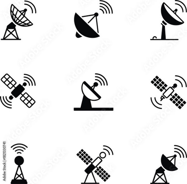 Obraz Satellite and communication cartoon vector set, signal icons, dishes, towers, orbiting satellites, flat illustration, side view, tech concept