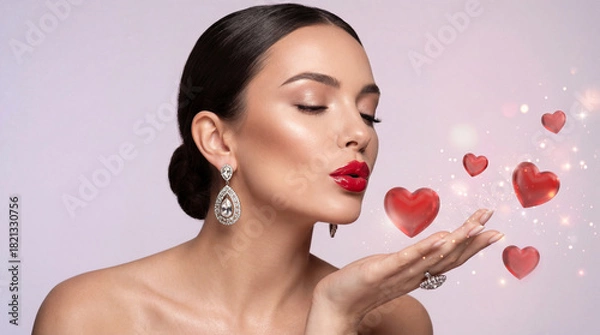 Obraz Romantic beauty portrait of an elegant woman blowing red hearts with sparkling effects.