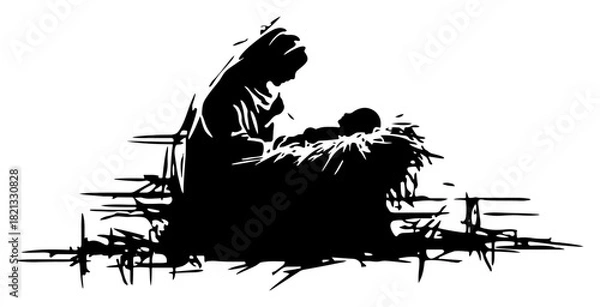 Fototapeta Hand drawn vector illustration of virgin mary and baby jesus in a manger for christmas nativity scene in black silhouette grunge doodle style