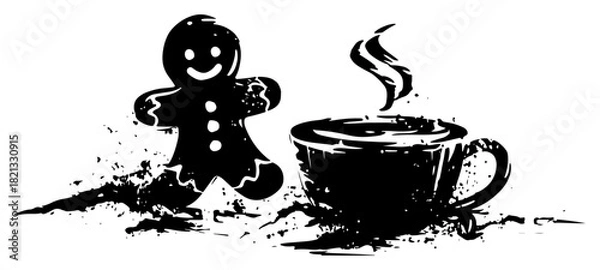 Fototapeta Gingerbread man cookie next to steaming hot cup of coffee or cocoa vector illustration sketch style