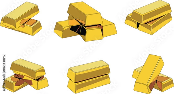 Obraz Gold bar cartoon vector set, wealth and finance icons, stacked bullion arrangements, shiny metal assets, flat illustration, side view