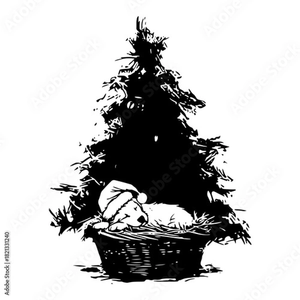 Fototapeta Hand drawn vector illustration of a cute puppy sleeping in a basket under a christmas tree in black silhouette grunge doodle style