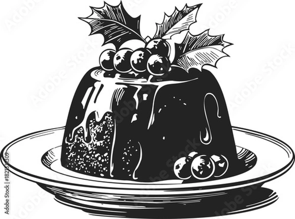 Obraz Christmas pudding sketch hand drawn with holly leaves and berries on plate. Vector illustration