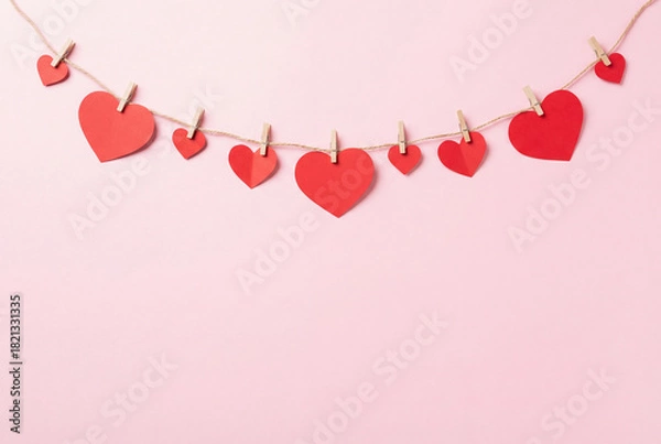 Obraz Valentine’s Day heart garland on pastel pink background with copy space.