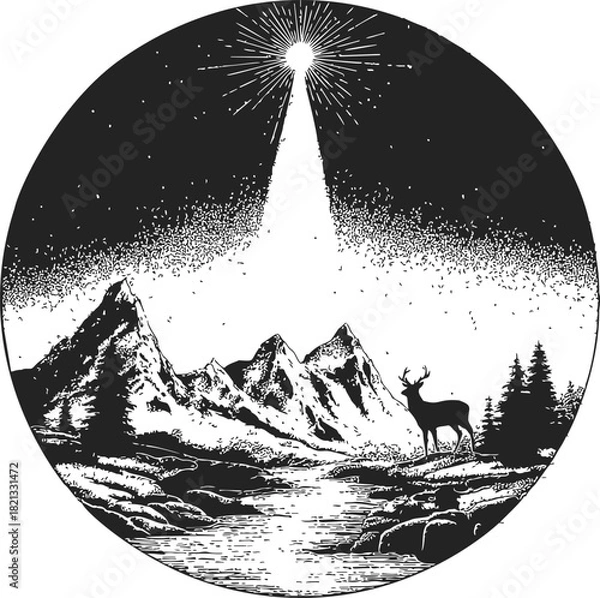 Fototapeta Deer in mountain landscape, sketch hand drawn style, night sky with radiant star. Vector illustration
