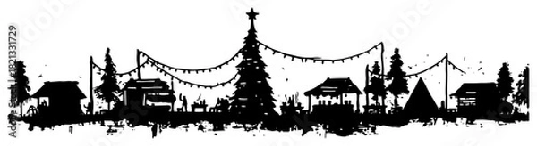 Fototapeta Panoramic Christmas market village silhouette with stalls and decorated tree vector illustration sketch style winter fair background