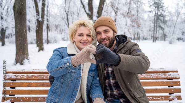 Fototapeta Romantic winter couple forming a heart shape together on a snowy park bench.