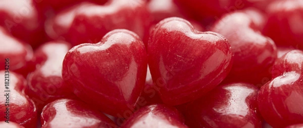 Fototapeta Vibrant macro shot of glossy red heart-shaped candies for Valentine’s Day.