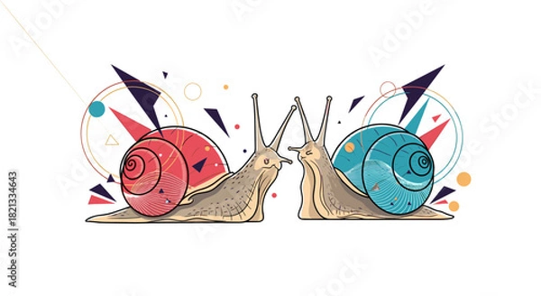 Fototapeta Two stylized snails with vibrant red and blue shells face each other, surrounded by abstract geometric shapes and lines, on a white background.