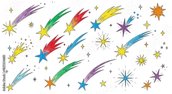 Fototapeta A vibrant collection of hand-drawn stars and shooting stars in various colors and styles, creating a whimsical celestial pattern.