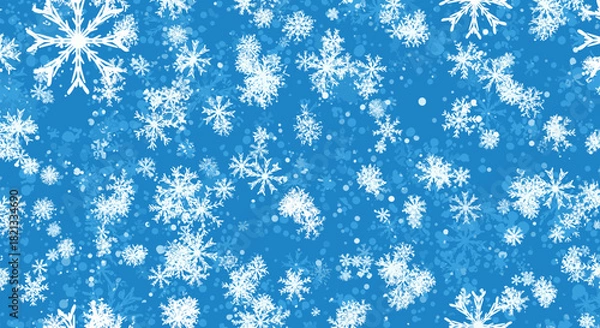 Fototapeta A vibrant blue background is adorned with numerous falling white snowflakes of varying sizes and levels of focus, capturing the essence of winter.