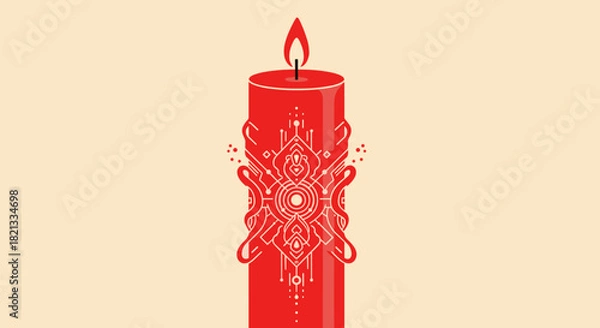 Fototapeta A vibrant red candle with a detailed, glowing flame and intricate white-on-red pattern symbolizing warmth and modern design.
