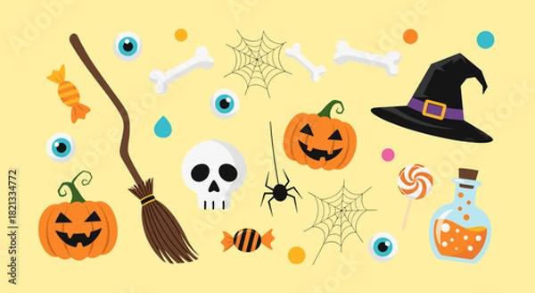 Fototapeta A cheerful and festive Halloween illustration set featuring various spooky and sweet elements like pumpkins, a witch's hat, broom, skull, spider, and treats.
