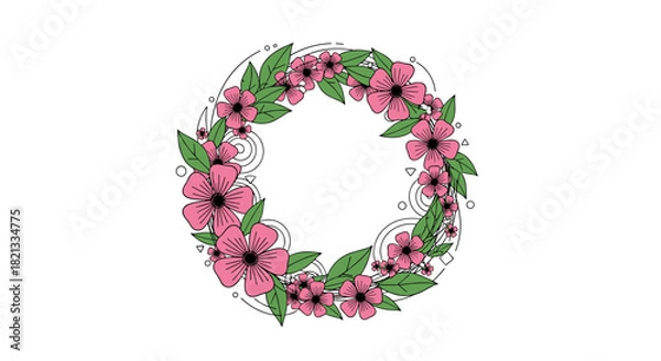Fototapeta A vibrant pink floral wreath illustration with green leaves and subtle abstract geometric shapes on a white background, perfect for decorative designs.