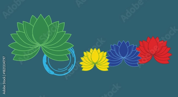 Fototapeta Elegant illustration of green, yellow, blue, and red lotus blossoms floating on water with subtle ripples, representing peace and purity.