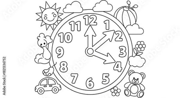 Obraz Whimsical clock face with sun, teddy bear and car outlines for kids activity books or playful learning resources, education, telling time, coloring template