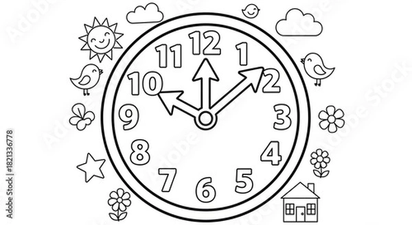 Fototapeta Enchanting coloring page featuring a whimsical clock surrounded by cheerful suns, birds, flowers, and a cozy house drawing, perfect for creative kids