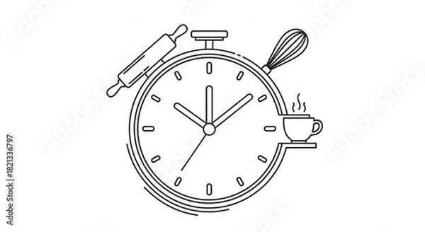 Obraz Baking time concept with rolling pin, whisk, and coffee cup around a clock, perfect for food blog headers or recipe book design projects needing a modern touch