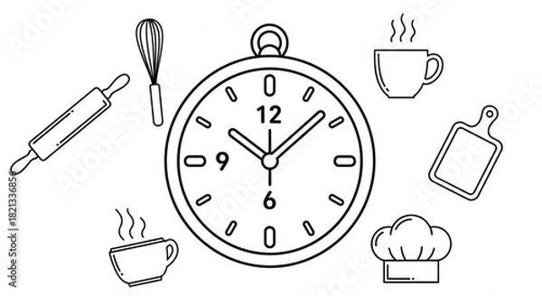 Obraz Time to Bake Delicious Treats Whisk Rolling Pin Chef Hat Cutting Board and Hot Coffee in Charming Kitchen Minimalist Black and White Outline Design