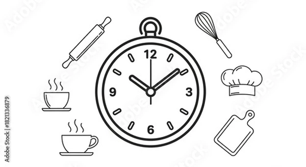 Obraz Time for baking delicious treats with rolling pin, whisk, cutting board, chef hat and hot coffee, perfect for culinary blog or recipe book illustration