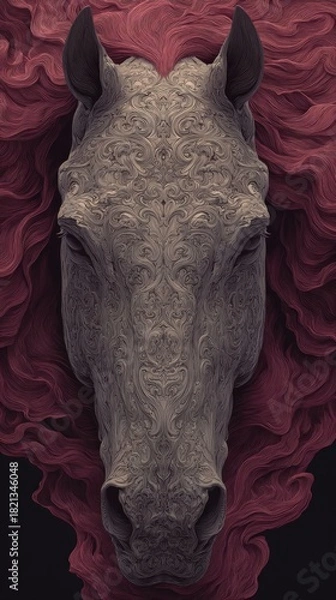 Fototapeta Abstract portrait of a powerful red and white horse. Stylized fantasy animal with a textured flowing mane on a black background