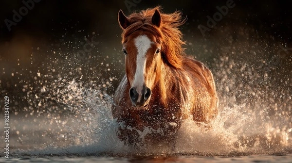 Fototapeta A powerful chestnut horse running through water creating a large splash. Backlit portrait of a wild stallion in motion during a golden hour sunset