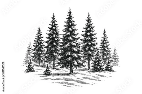 Obraz Scenic pine tree forest vector illustration in detailed black-and-white engraving style, ideal for nature themes, outdoor concepts, landscape designs, and vintage-inspired graphic projects.