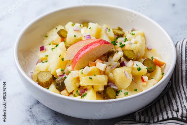 Fototapeta Traditional German potato salad with pickles, onions and apple.