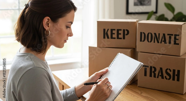 Fototapeta Woman decluttering her home, sorting items into keep, donate, and trash boxes. Concept of organizing and minimalist lifestyle.