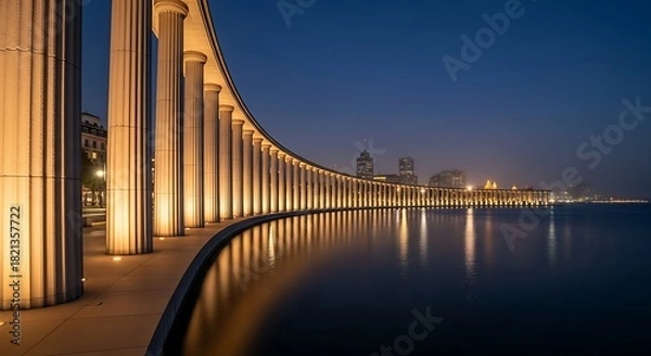 Obraz Warmly lit classical colonnade curving along an urban waterfront at twilight, with dramatic reflections on the dark water.