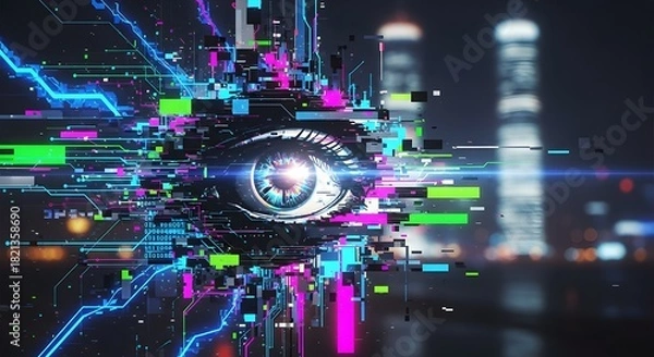 Fototapeta Digital glitch effect with distorted lines and modern cyber aesthetic.