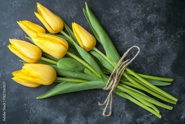 Fototapeta A vibrant bouquet of yellow tulips, their petals fully unfurled and their stems tied together with a piece of twine.