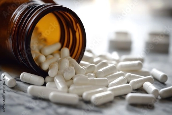 Fototapeta A close-up shot of a brown glass bottle with white pills spilling out of it, lying on a marble surface.