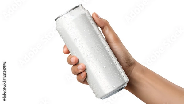 Fototapeta Hand holding a blank white aluminum beverage can mockup isolated on a transparent background, ideal for drink branding, packaging design, product presentation, and advertising
