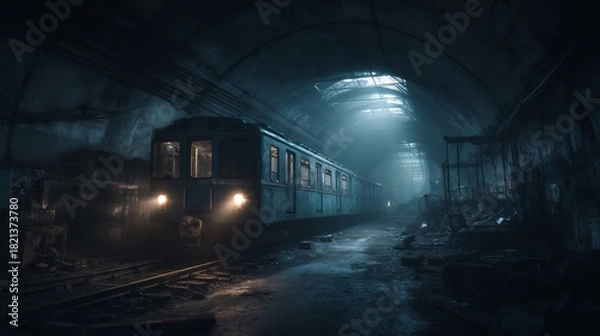 Fototapeta Dark Abandoned Subway Urban Exploration Tunnel.
