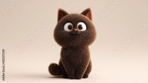 Obraz Fluffy brown cartoon cat on light background.