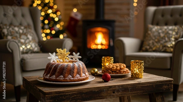 Obraz Festive christmas bundt cake with cookies and golden decorations on a cozy wooden table in front of a fireplace and illuminated Christmas tree, for holiday celebration.