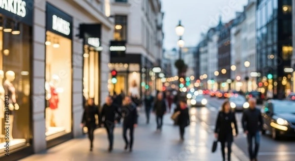 Obraz Busy Shopping District Blur – Defocused city scene with fashion boutiques and pedestrians