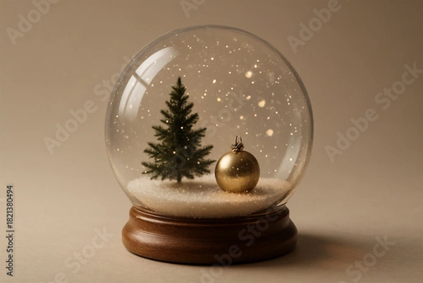Obraz Realistic Snow Globe with Christmas Tree and Golden Ornament on Beige Background