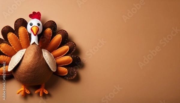 Fototapeta Felt Turkey Laying Flat On A Tan Background With Copy Space