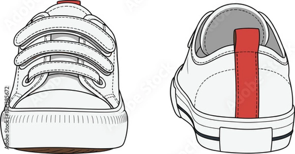 Fototapeta White sneaker vector illustration with velcro straps, front and back view technical drawing, isolated canvas shoe mockup for fashion design templates, clothing.