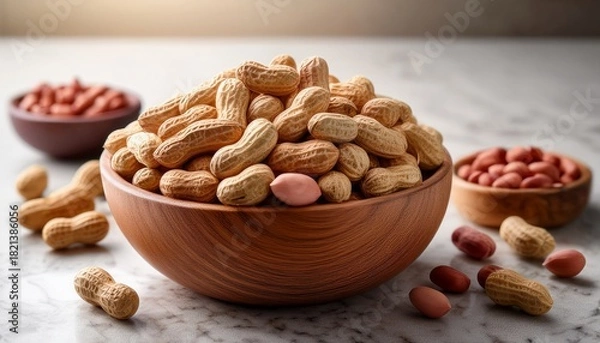 Fototapeta Raw Peanut Seeds In A Wooden Bowl On A Marble Countertop Dried Peeled Groundnut As Healhy Vegetarian Snack Whole Organic Monkey Nut For Dietary Nutrition Arachis Hypogaea Fruits