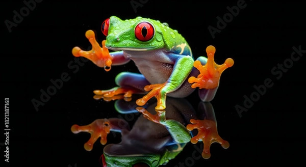 Obraz A vibrant red-eyed tree frog showcases its bright coloration against a stark, glossy black surface