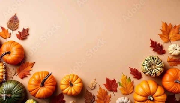 Fototapeta Autumn Holiday Background Featuring Pumpkins Colorful Dried Leaves And Fall Decorations Arranged At The Bottom Leaving The Top Part Empty Flat Lay Top View With Copy Space Happy Thanksgiving Ha