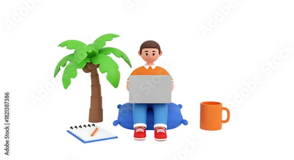 Obraz Cartoon man working on laptop under palm tree with coffee and notepad person male isolated on a transparent background