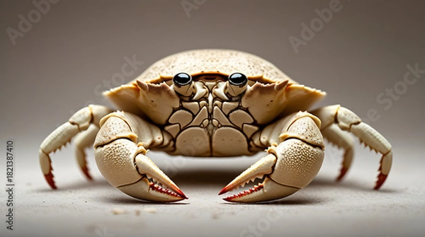 Obraz A close-up studio shot of a sand colored crab with red-tipped claws on a plain background, HD and 4k image